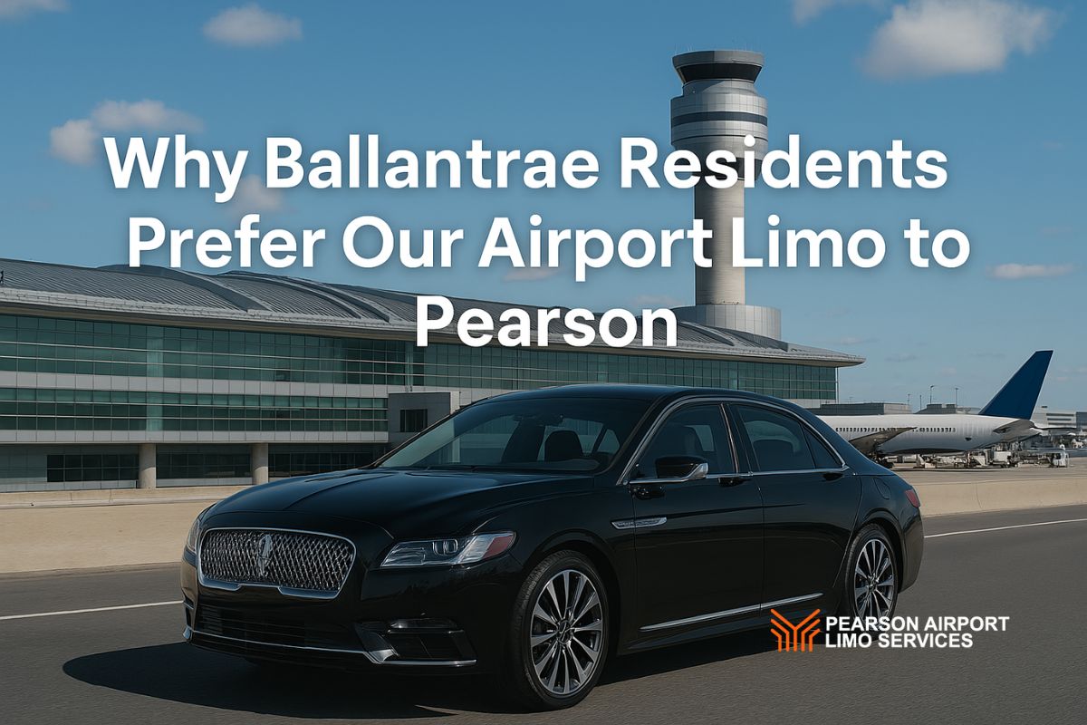 Black luxury limo driving in front of Toronto Pearson Airport terminal, promoting Ballantrae airport limo service.