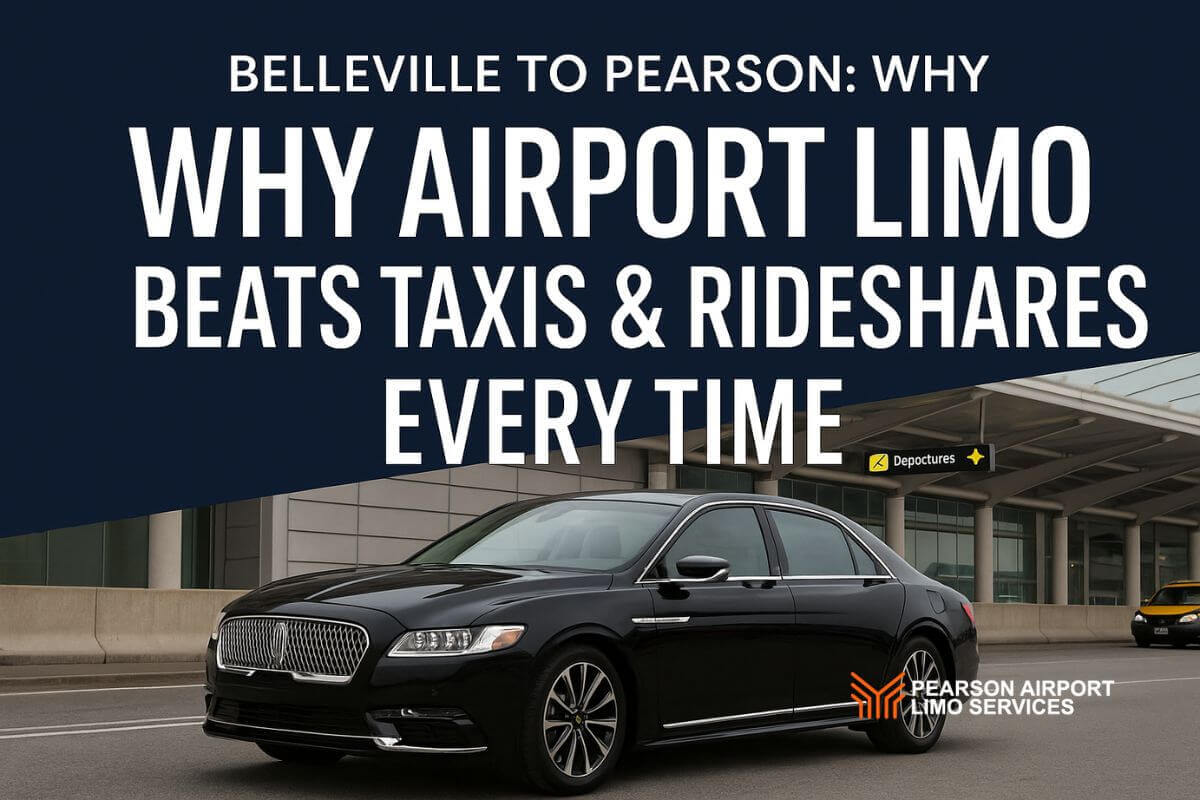 Black luxury airport limo parked at Pearson Terminal.